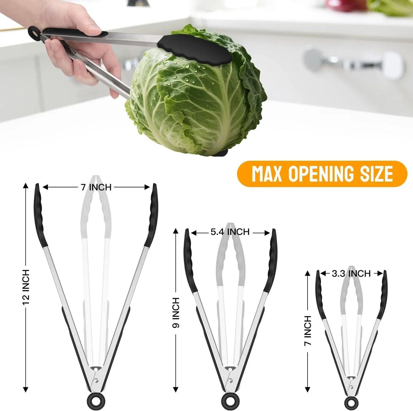Premium Stainless Steel Locking Kitchen Tongs with Silicon Tips, Heat Resistant Cooking Tongs Set of 3-7", 9" and 12" (Black)