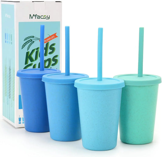 4 Pack Wheat Straw Cups with Lid and Straws, 10 Oz Unbreakable Kids Cup, Reusable Drinking Cups, Small Water Cup, Colourful Tumbler Cups for Kitchen, BPA Free, Dishwasher & Microwave Safe