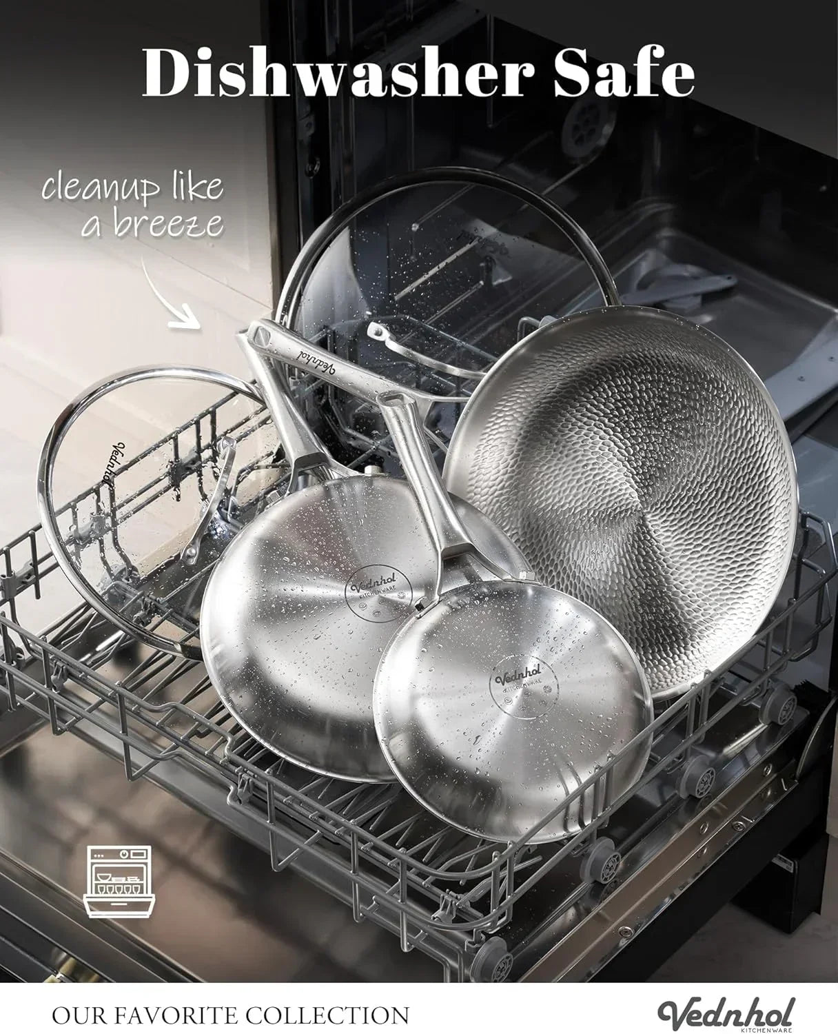 Dishwasher safe stainless steel cookware set with lids, easy cleanup in dishwasher