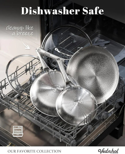Dishwasher safe stainless steel cookware set with lids, easy cleanup in dishwasher