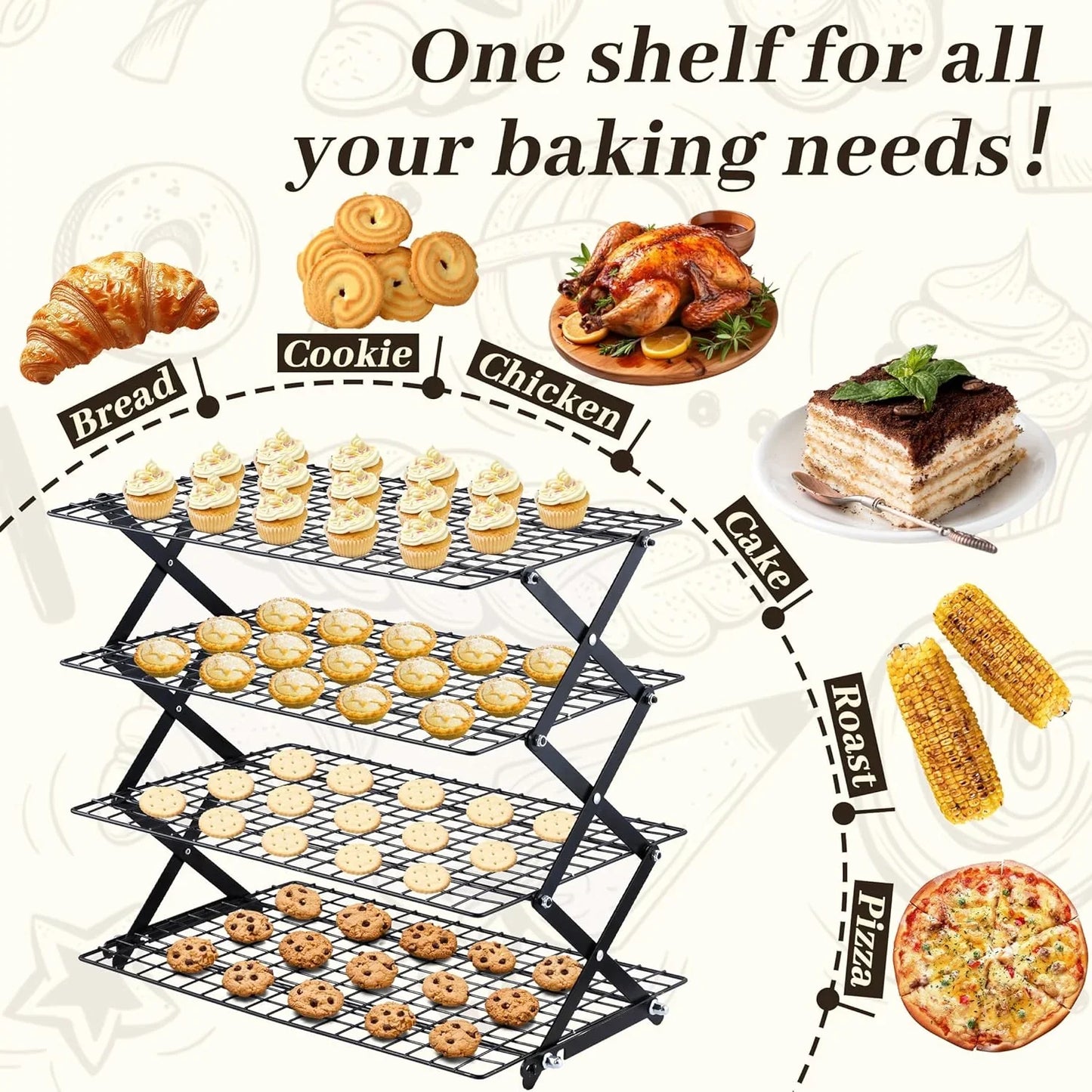 4 Tier Collapsible Cooling Rack - 3 Setting Design, Adjustable ＆ Stackable Baking Rack, 5 Modes Cooling Racks for Cooking and Baking, Roasting ＆ Grilling Gifts for Picnic Party