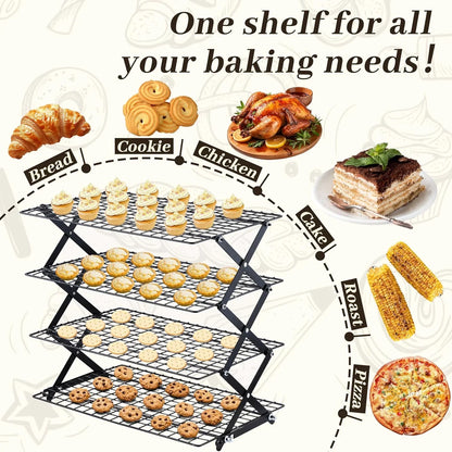4 Tier Collapsible Cooling Rack - 3 Setting Design, Adjustable ＆ Stackable Baking Rack, 5 Modes Cooling Racks for Cooking and Baking, Roasting ＆ Grilling Gifts for Picnic Party