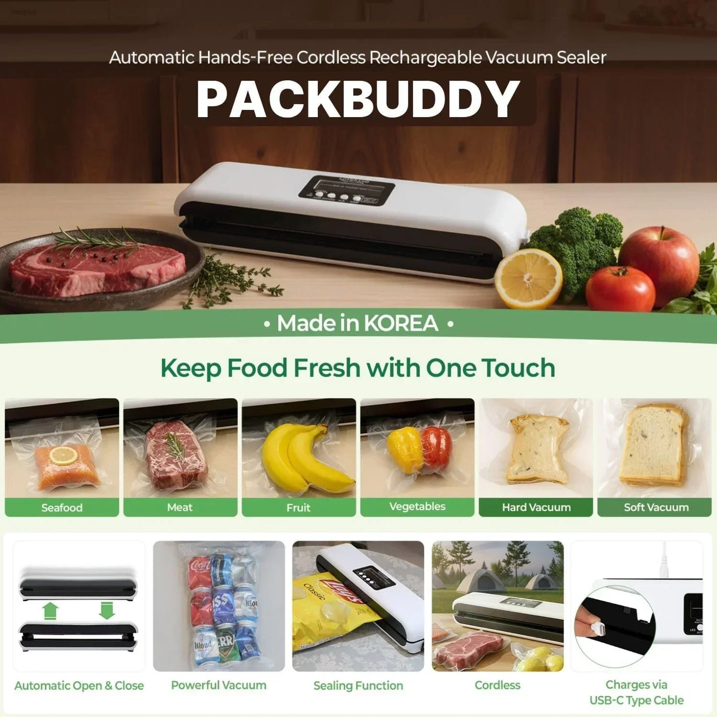 Automatic cordless vacuum sealer for fresh seafood, meat, fruit, and vegetables with one-touch operation