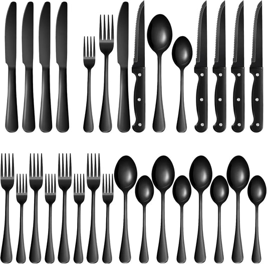 24-Piece Black Silverware Set with Steak Knives Black Stainless Steel Flatware Set for 4 Food Grade Tableware Cutlery Set Rust-Proof, Mirror Polished, Dishwasher Safe