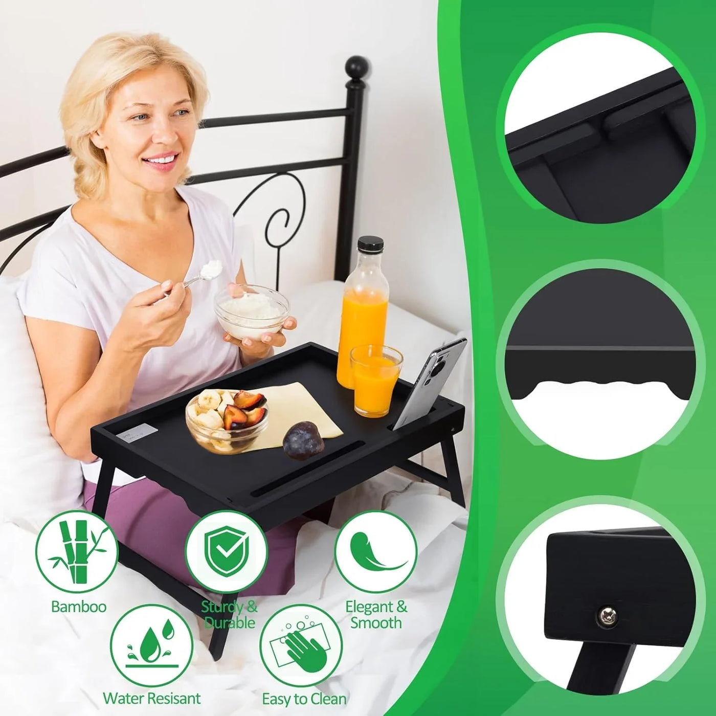 Bed Tray Table with Handles Folding Legs,Bamboo Breakfast Food Tray with Media Slot,Use as Platter,Laptop Desk,Snack,Tv Tray Kitchen Serving Tray Black Large