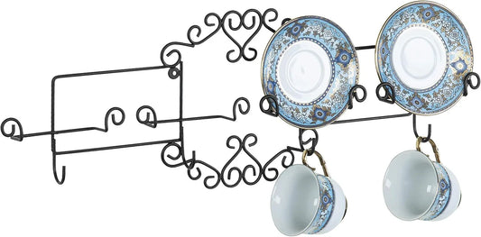 Vintage Scrollwork Black Metal Wire Tea Coffee Cup and Saucer Set Rack, Wall Mounted Decorative Display Shelf Holds up to 4 Collectible Plates & Mugs