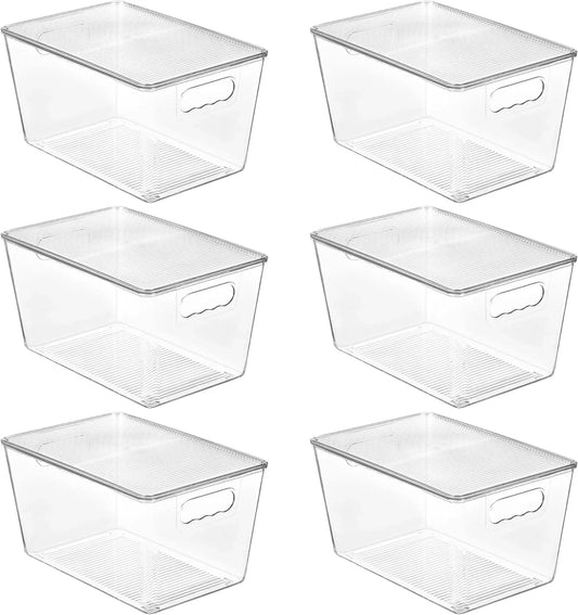 6 Pack Clear Stackable Storage Bins with Lids, Large Plastic Containers with Handle for Pantry Organizer and Storage,Perfect for Bathroom,Cabinet,Kitchen,Fridge,Closet Organization