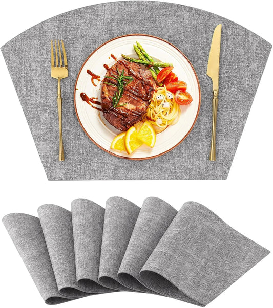 round Table Placemats Set of 6, Washable Wedge Shaped Faux Leather Table Mats, Wipeable Kitchen Dinner Place Mats for Indoor Outdoor, Light Grey