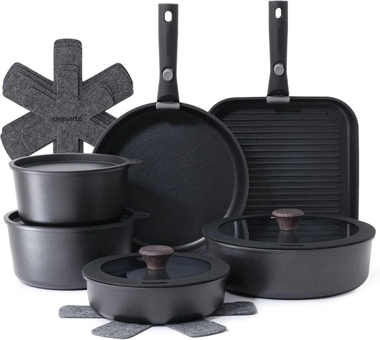 17 Piece Pots and Pans Set, Nonstick Detachable Handle Cookware Set, Induction Kitchen Cookware Set with Removable Handle, Healthy Non Stick for RV, Dishwasher ＆ Oven Safe, PFOA Free (Black)