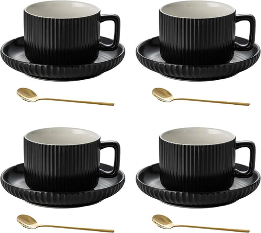 8 Ounce Cappuccino Cups Set of 4, Latte Mugs with Saucers and Spoons, Black Ceramic Coffee Mugs Tea Cups for Cappuccino Latte Mocha Au Lait Macchiato Cafe