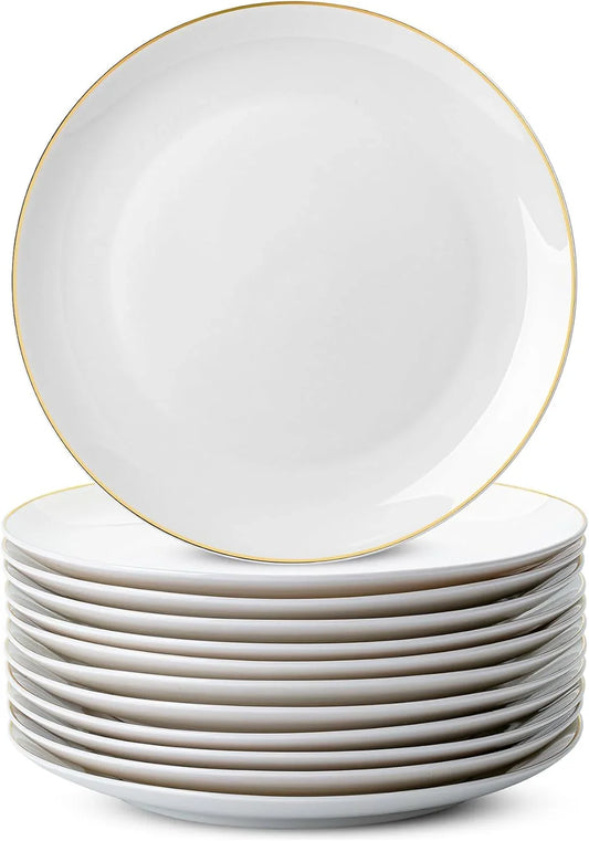 Btat- White Porcelain Dinner Plates, Set of 12, 10.5" Gold Rimmed, Classic Style, Formal Dining