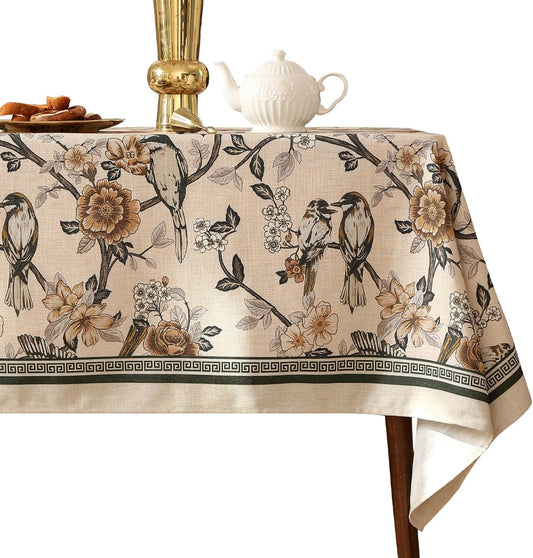 Designer Vintage Linen Extra Long Tablecloth Rectangle,Floral and Bird Pattern Elegant Table Cloth,Fall Wrinkle Resistant Decor Tablecloths for Dining Kitchen Christmas,67"*118"-Murad A