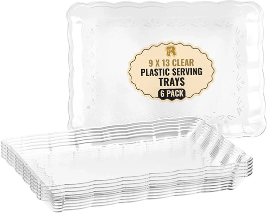 6 Pack Clear Plastic Serving Trays for Party, 9 X 13 Inch - Heavy Duty Plastic Trays for Food - Rectangular Party Serving Trays and Platters - Clear Disposable Trays