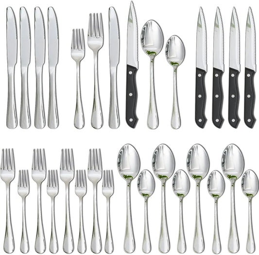 Silverware Set with Steak Knives 24-Piece Flatware Set for 4 Food-Grade Stainless Steel Cutlery Set Mirror Polished Utensils Set Include Spoons and Forks for Home Kitchen Restaurant