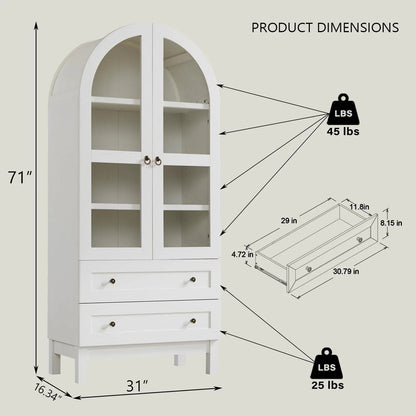 71" Tall Arched Kitchen Pantry Cabinet, Wood Kitchens Storage Cabinets with 2 Large Drawers and Adjustable Shelves, Modern Farmhouse Versatile Cupboard for Kitchen, Dining Room, Bathroom, White