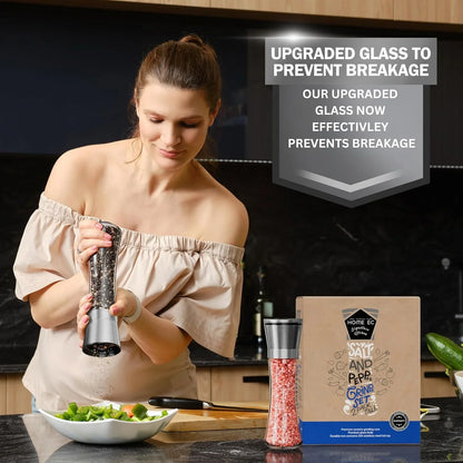 Premium Stainless Steel Sea Salt and Pepper Grinder Set of 2 - Adjustable Ceramic - Tall Glass Salt and Pepper Shakers - Kitchen Spice Mill W/Funnel & Ebook