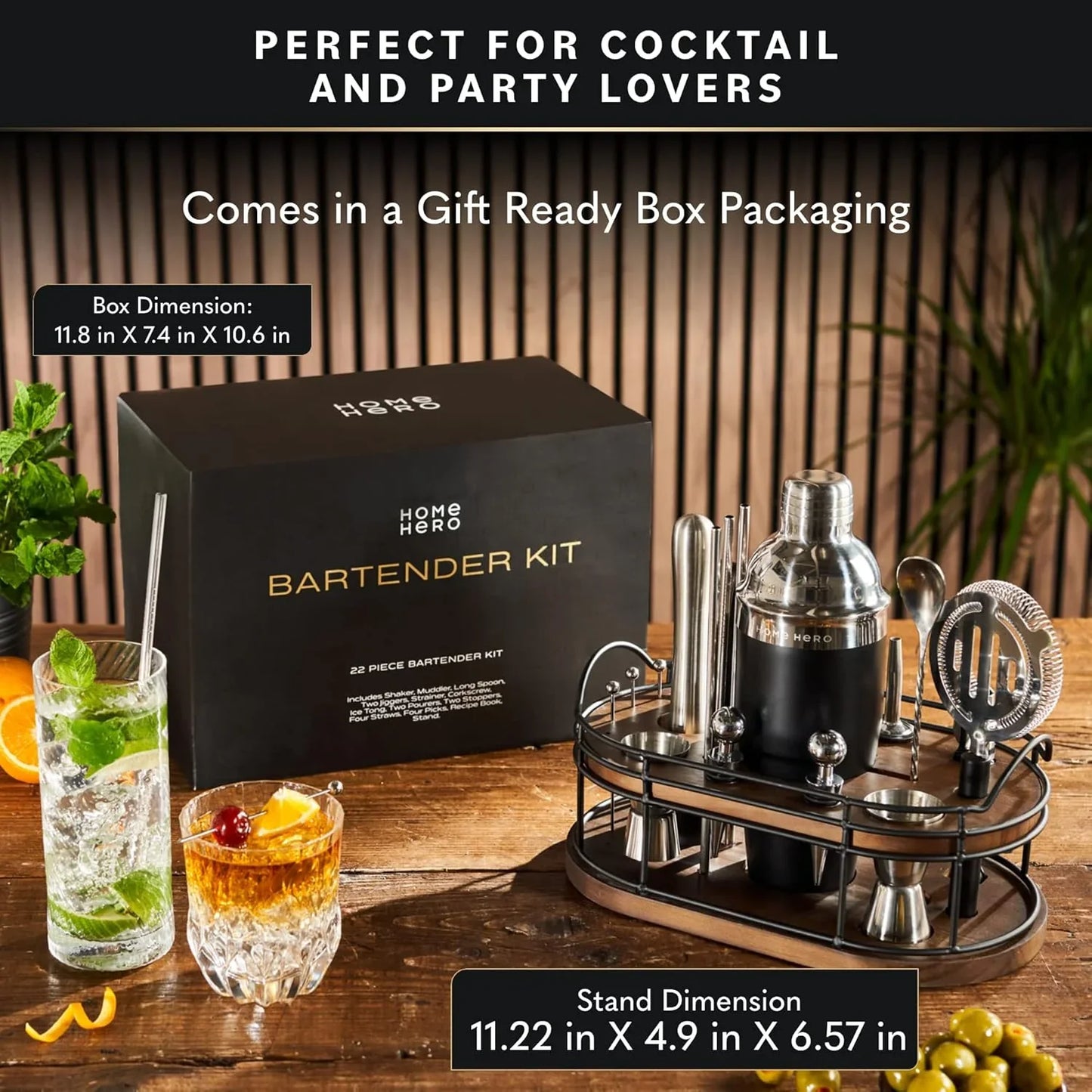 Bartender Kit - 22-Piece Cocktail Shaker & Bar Tool Set - Wooden Stand Display & Bar Cart Accessories - Recipe Book & Housewarming Gifts - 22-Pc, Silver