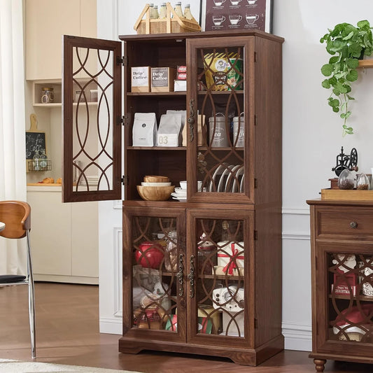67" Tall Pantry Cabinet, Wood Kitchen Pantries Cabinets with Glass Doors & Adjustable Shelves, Freestanding Vintage Cupboard with Large Storage for Dingning Room, Bathroom, Brown