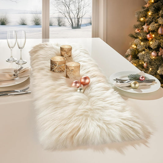 Table Runner, Thanksgiving Modern Small White Fur Table Runners for Party Birthday Christmas Friendsgiving Wedding Dinning Table, Decorative Rug Luxury Faux Fur Runner for Table(11.8X47.2Inch)