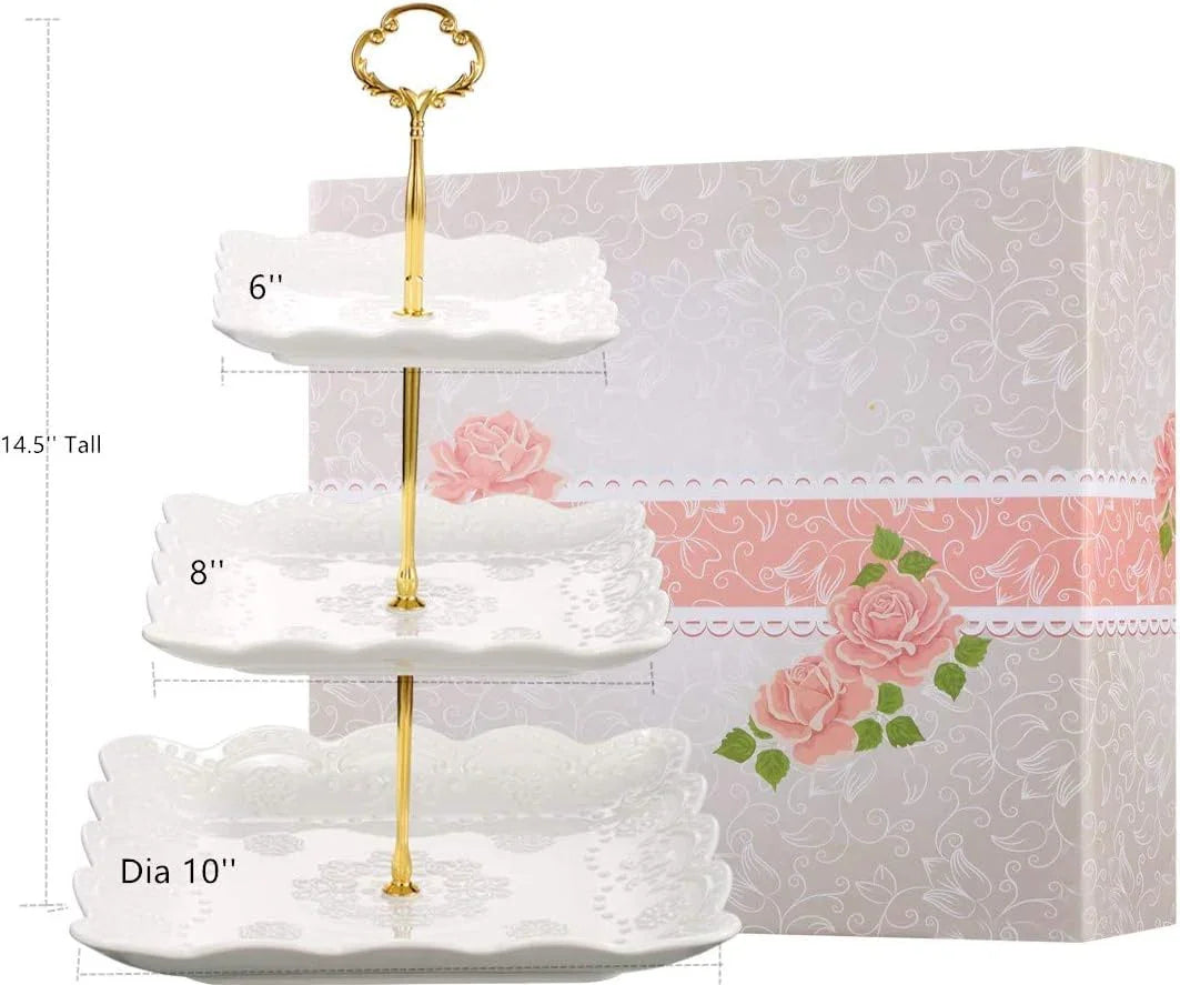 3 Tier Porcelain Cupcake Stand, Tiered Serving Cake Stand, Square White Embossed Dessert Stand, Weddings Parties Pastry Serving Tray