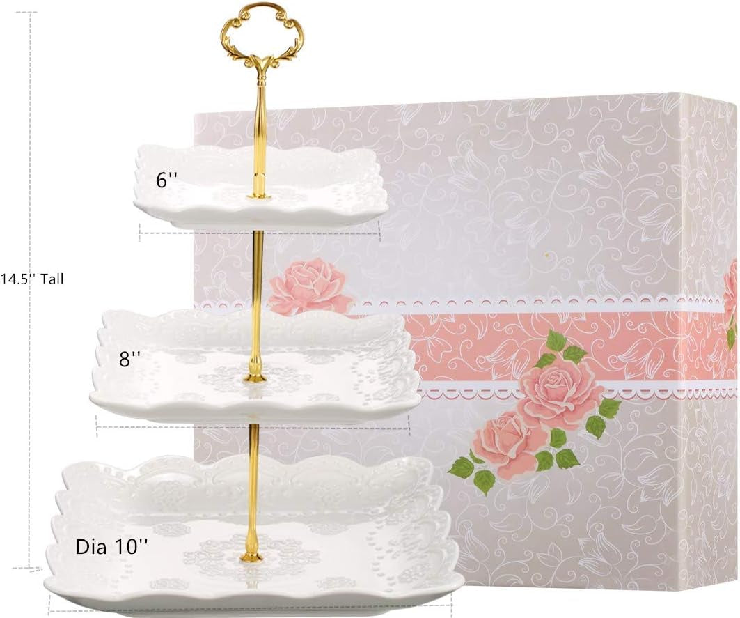 3 Tier Porcelain Cupcake Stand, Tiered Serving Cake Stand, Square White Embossed Dessert Stand, Weddings Parties Pastry Serving Tray