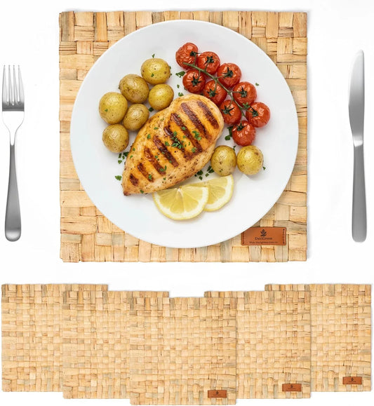Natural Water Hyacinth Placemats, Handwoven Square Table Mats, Heat-Resistant Dining Set, 8X8, 10X10, 12X12 Inch Options (Set 6, 12 in Square)