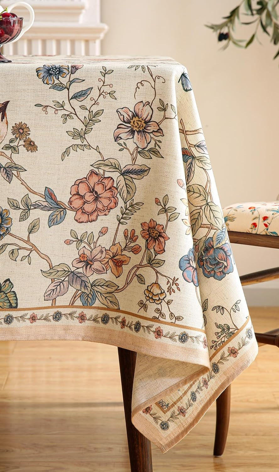Designer French Light Beige Small Rectangular Tablecloth,Linen Florals and Birds Pattern Table Cloth,Anti-Wrinkle Decorative Tablecloths for Dining Thanksgiving Kitchen,55"*71"-Cornucopia