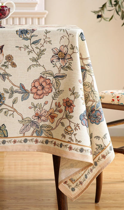 Designer French Light Beige Small Rectangular Tablecloth,Linen Florals and Birds Pattern Table Cloth,Anti-Wrinkle Decorative Tablecloths for Dining Thanksgiving Kitchen,55"*71"-Cornucopia
