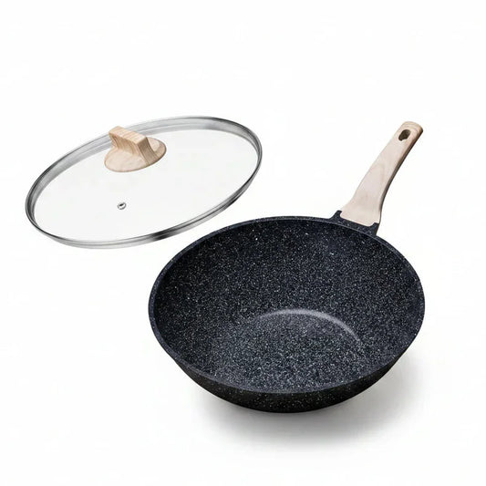 Non Stick Wok with Lid 12''/5.3QT Woks & Stir-Fry Pans Nonstick Granite Wok Pan Induction Cookware Deep Frying Pan, Compatible with All Stovetops