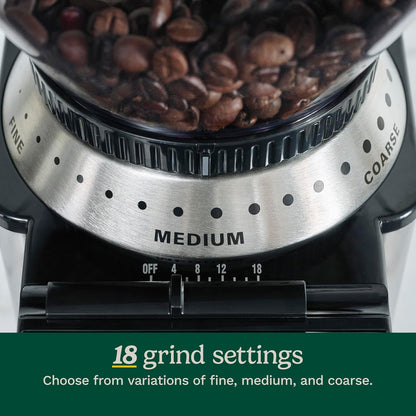 Coffee Grinder, Electric One-Touch Automatic Burr Coffee Grinder with 18-Position Grind Selector, Cup Size Selector for 4 – 18 Cups, DBM-8P1, Black Stainless