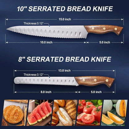 10-inch and 8-inch serrated bread knives with wooden handles, ideal for slicing bread, watermelon, tomatoes, and cantaloupe