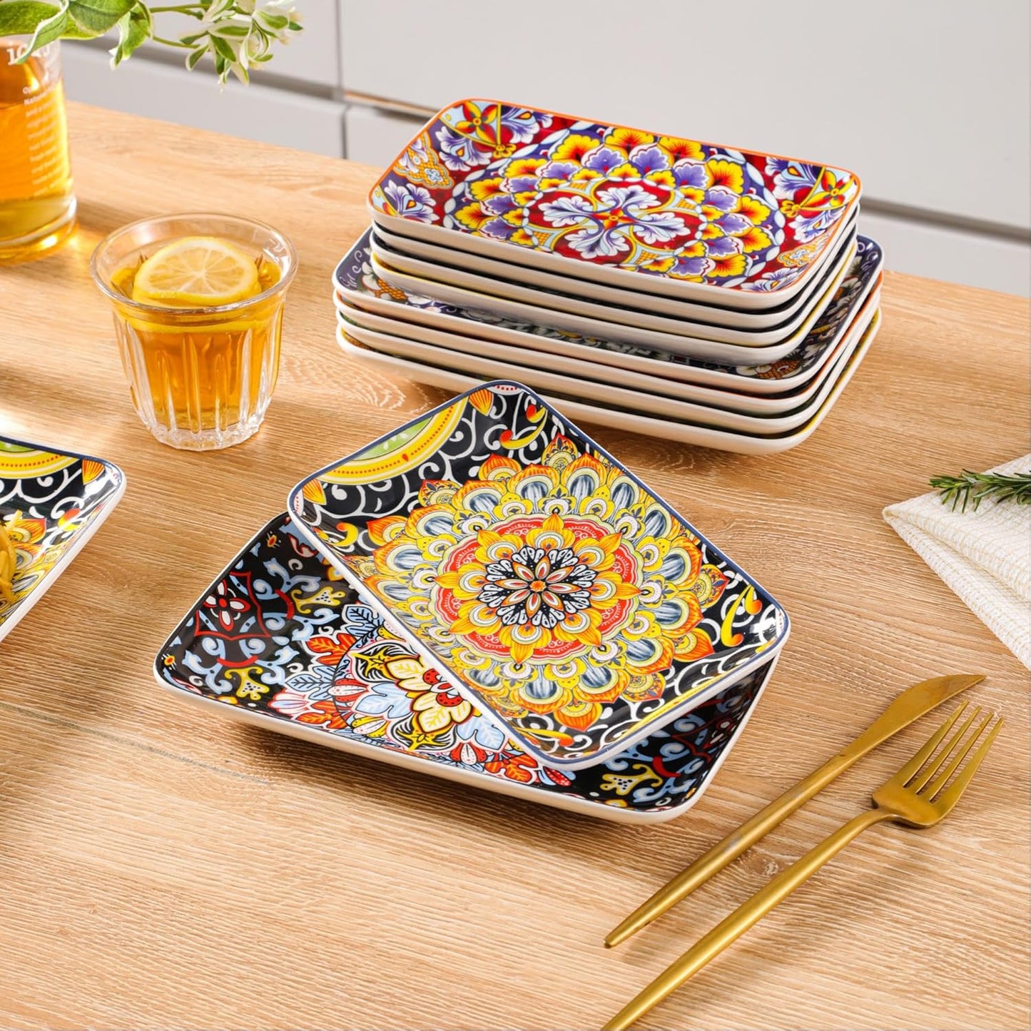 6-Piece Ceramic Salad Plates Set - 8 Inch, Rectangular Dessert Plates for Sushi, Appetizer, Cake - Microwave & Oven Safe, Porcelain Plates for Kitchen Decor