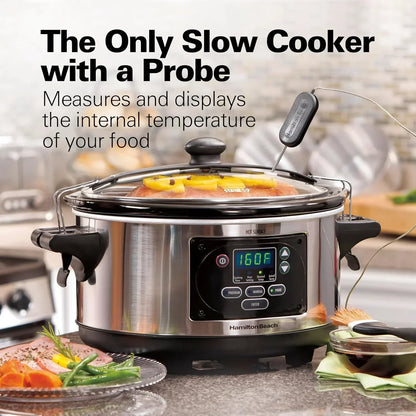 Hamilton Beach slow cooker with probe, digital display, and cooked meat inside, on kitchen counter