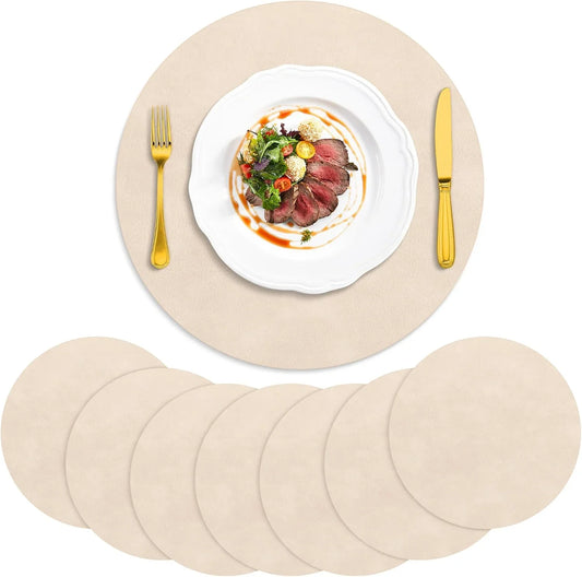 Placemats, Heat Resistant round Placemats Set of 8 Washable, Waterproof Table Mats, Wipeable Faux Leather Place Mats for Kitchen, Dining Room, Beige