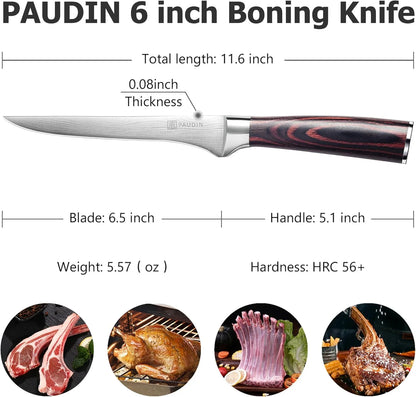 Boning Knife 6 Inch, Super Sharp Fillet Knife, German High Carbon Stainless Steel Deboning Knives, Professional Boning Knives for Meat Poultry Chicken, Pakkawood Handle with Gift Box
