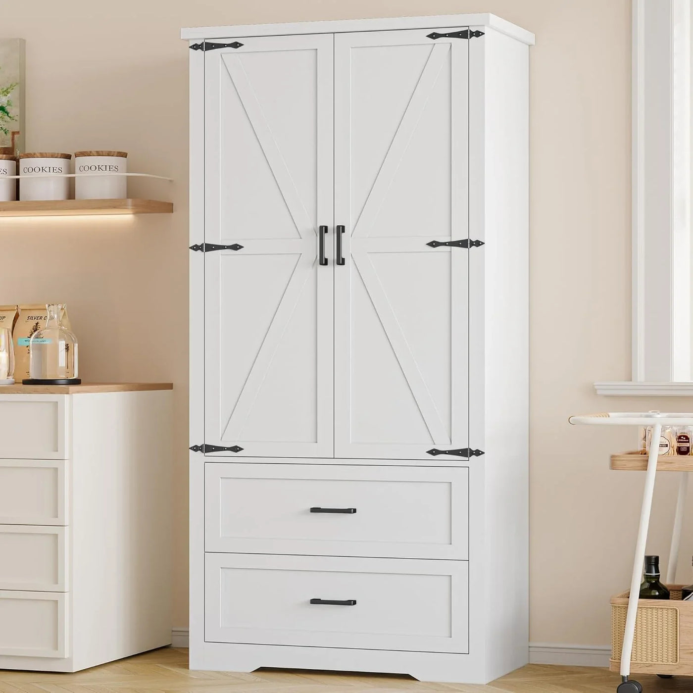 Pantry Organizers and Storage Cabinet, 71” Barn Door White Kitchen Cabinet with Drawers and Adjustable Shelf, Tall Pantry for Kitchen, Dining Room, Living Room. Bathroom and Office