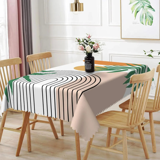 52X70Inches Mid Century Modern Art Table Cloth Abstract Geometric Boho Rainbow Sun Green Leaves Tablecloths Waterproof and Wrinkle Free Table Cover for Dining Room Kitchen Patio Home Decor