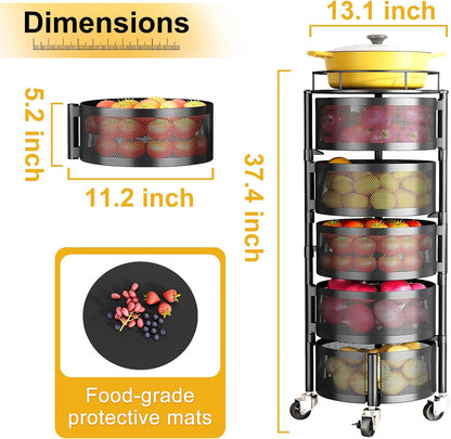Fruit and Vegetable Basket Bowls for Kitchen with Metal Top Lid, 5 Tier Rotating Storage Rack Cart for Potato Onion Bread Banana, Wire Basket Organizer on Wheels, Large, Black