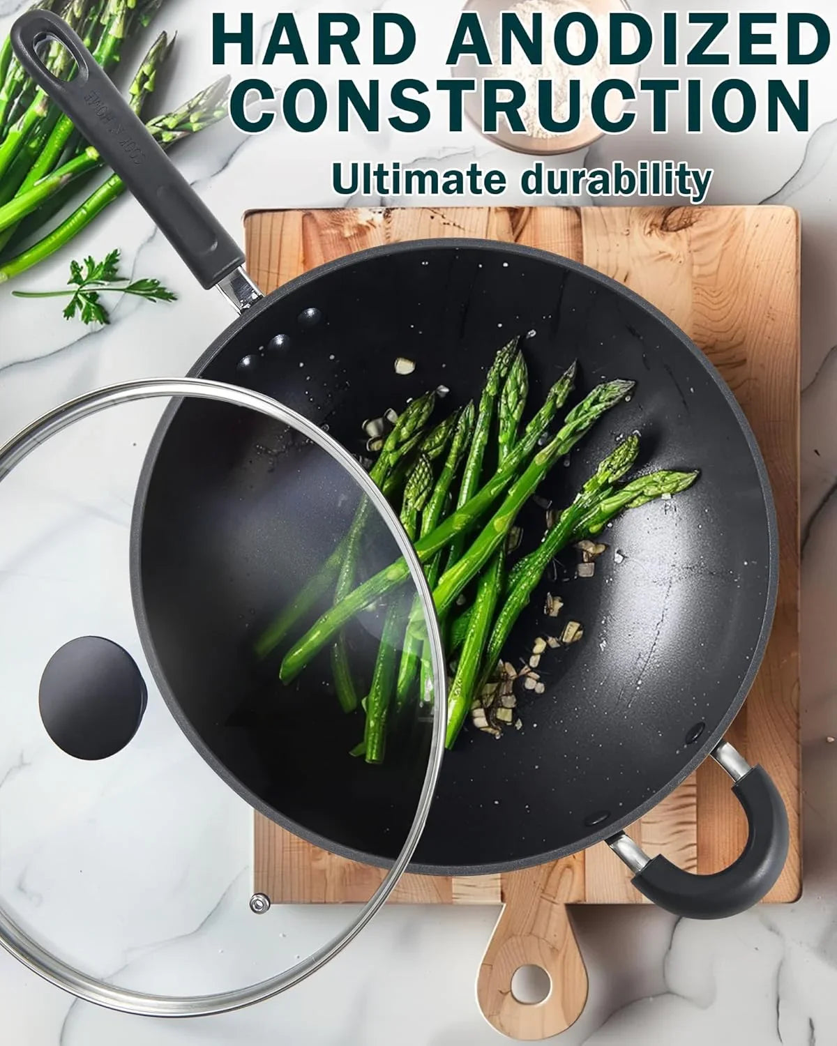 Hard Anodized Nonstick Wok with Lid 12-Inch, Non Stick Stir-Fry Pan, Flat Bottom Wok Pan, Induction Cookware, Black