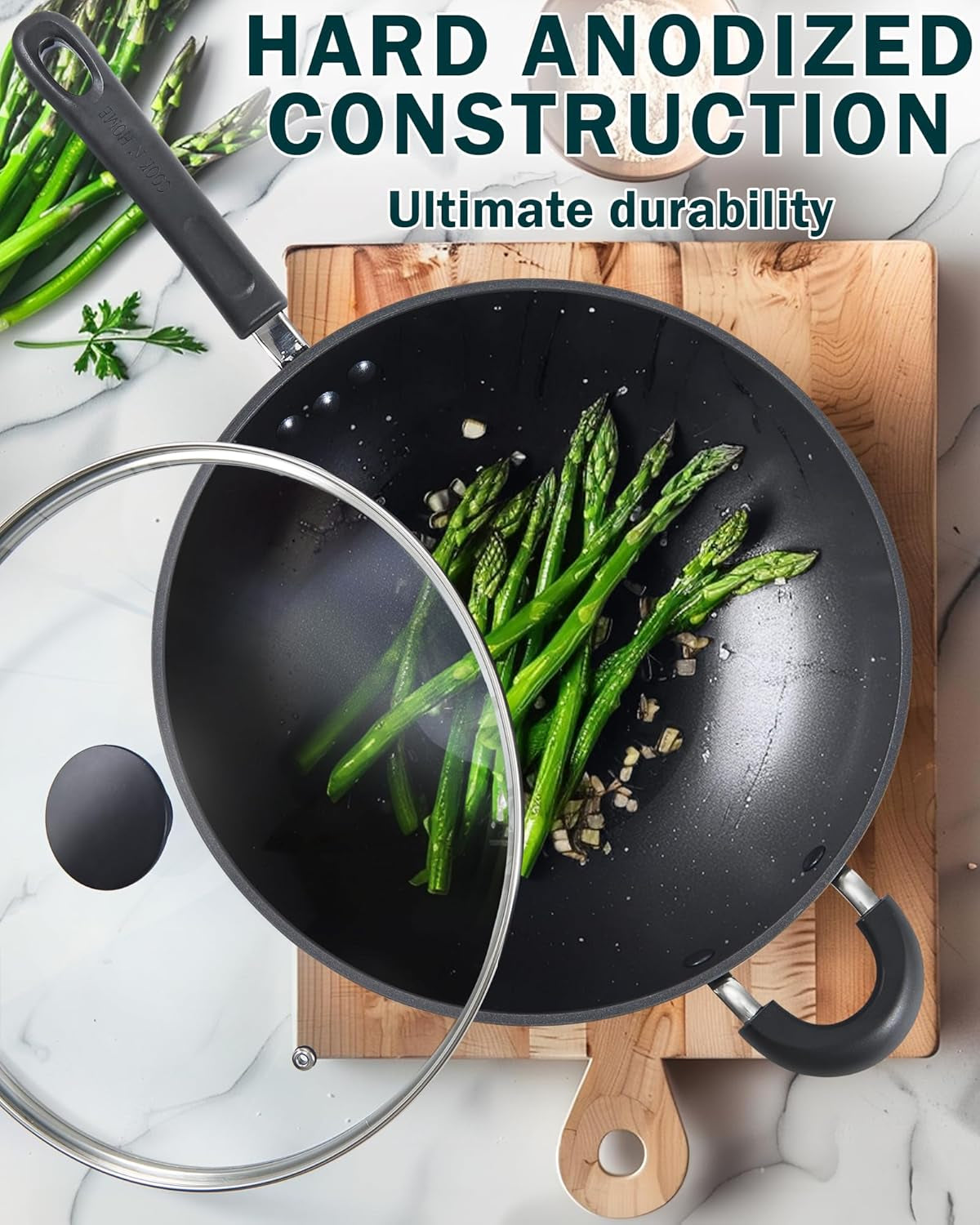 Hard Anodized Nonstick Wok with Lid 12-Inch, Non Stick Stir-Fry Pan, Flat Bottom Wok Pan, Induction Cookware, Black
