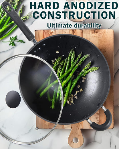 Hard Anodized Nonstick Wok with Lid 12-Inch, Non Stick Stir-Fry Pan, Flat Bottom Wok Pan, Induction Cookware, Black