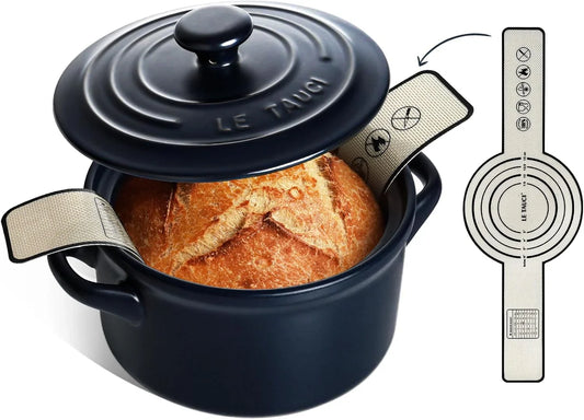 3 Qt Ceramic Dutch Oven for Bread Baking with Silicone Sling- Lightweight, Non-Toxic, No Seasoning Needed- Oven, Microwave & Dishwasher Safe, Ideal for Home Bakers & Beginners, Midnight Blue