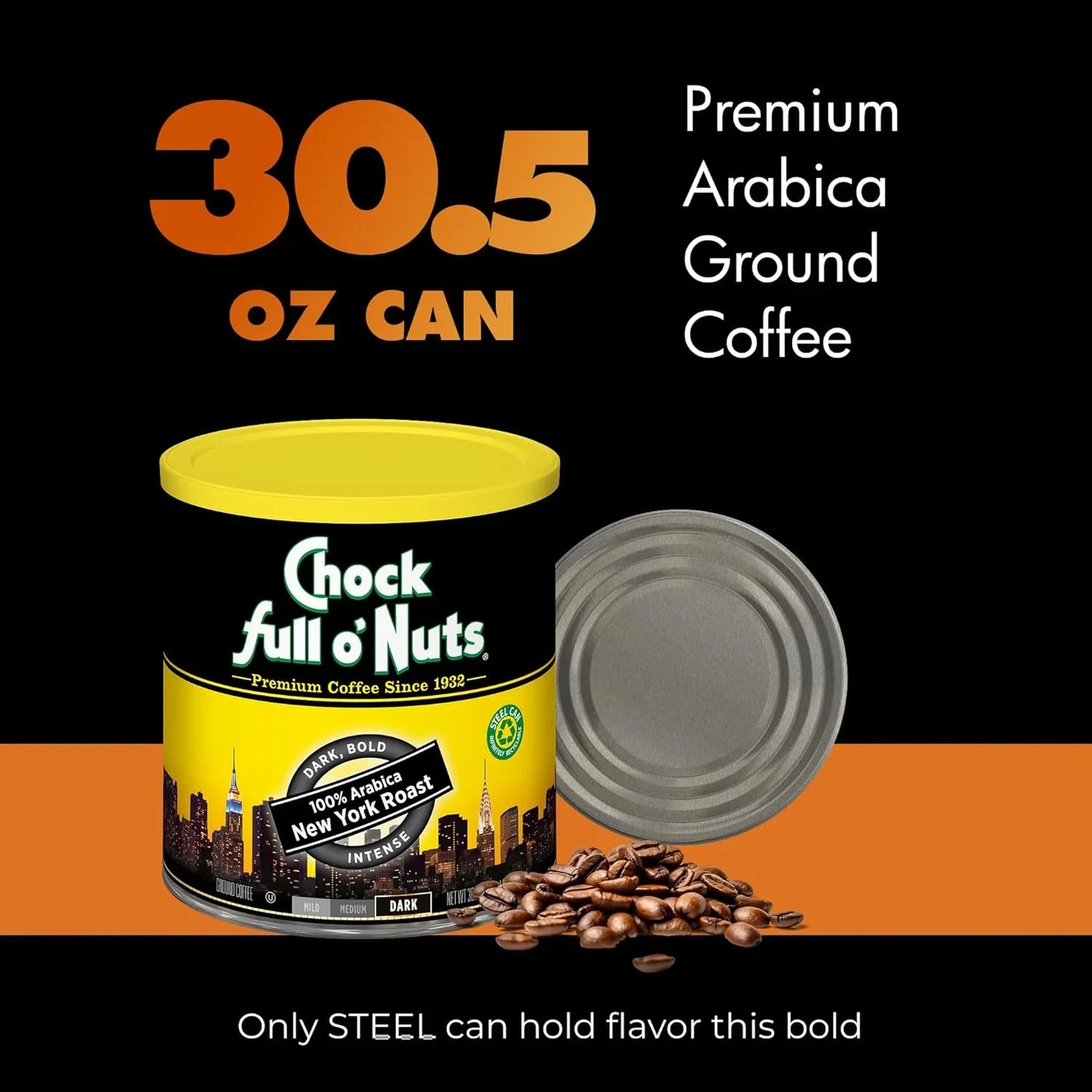New York Roast Ground Coffee – Premium Beans in Recyclable Steel Can – Rich Flavor & Aroma, Dark Roast – Perfect for Drip, Pour-Over, Percolator – 30.5 Oz Can
