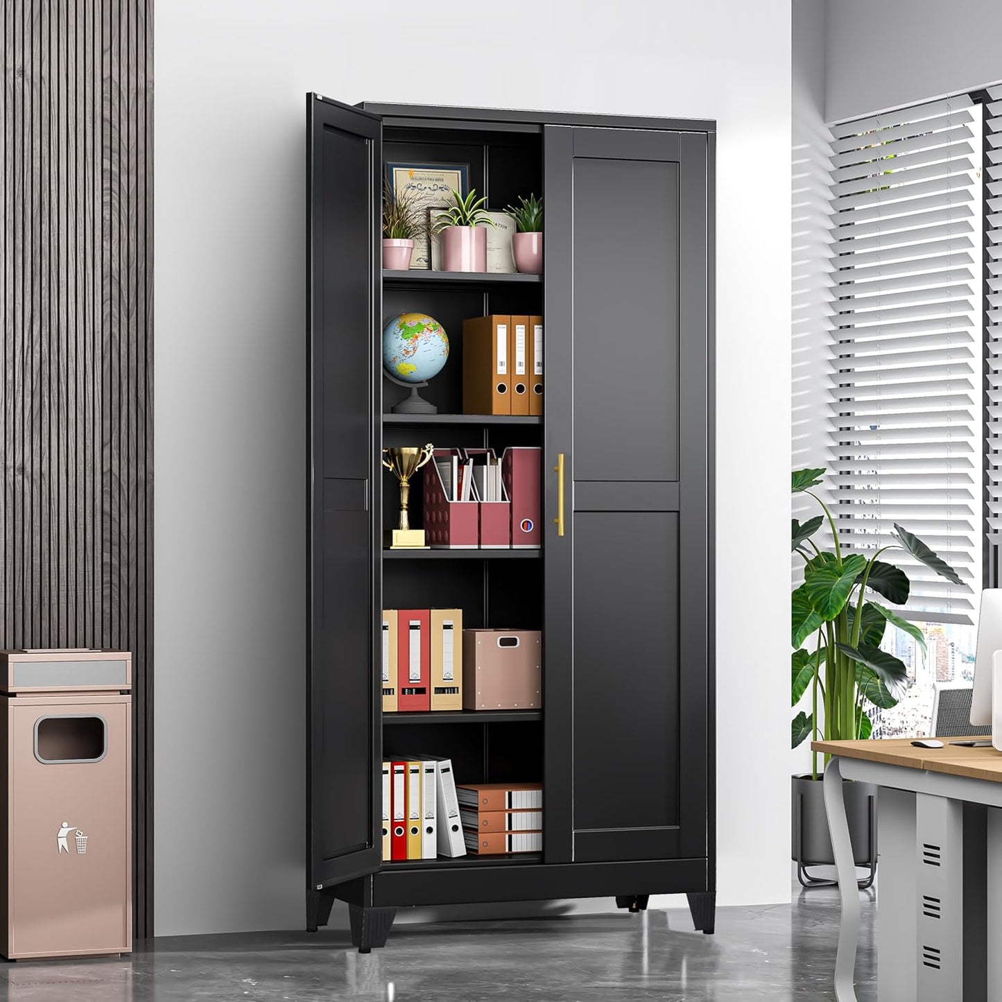 71" Tall Metal Storage Cabinet with 2 Doors and 4 Adjustable Shelves, Kitchen Pantry Cabinet Black Freestanding Cupboard, 5 Tier Multifunctional Steel Storage for Office, Kitchen, Dining Room
