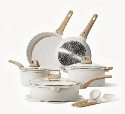 Nonstick white cookware set with wooden handles, glass lids, and kitchen utensils