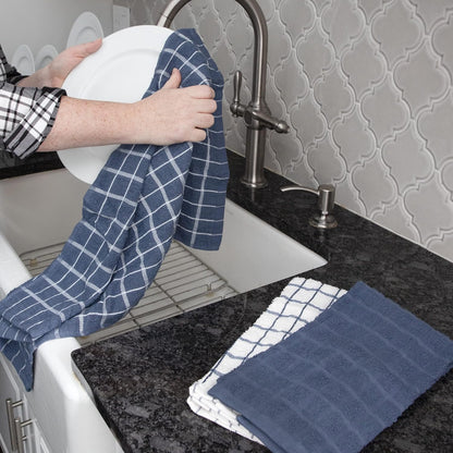 Premium 100% Cotton Terry Check Kitchen Dish Towels - Highly Absorbent, Super Soft, Long-Lasting, 25"X15", 3-Pack, Federal Blue