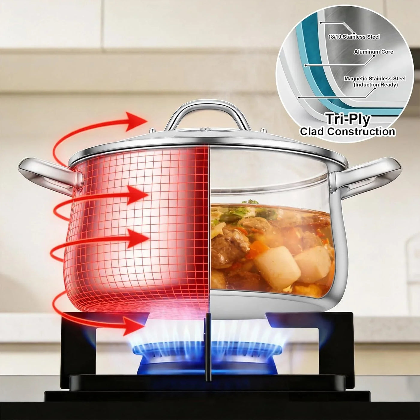 Stainless Steel Stock Pot - 8 Quart 3Ply Heavy Duty Large Induction Cooking Pot with Lid for Pasta, Soup, Spaghetti, Nonstick Deep Stockpot, Kitchen Cookware for Stew, Simmer, Canning, Boiling