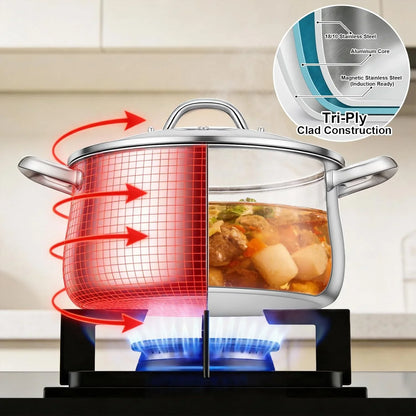 Stainless Steel Stock Pot - 8 Quart 3Ply Heavy Duty Large Induction Cooking Pot with Lid for Pasta, Soup, Spaghetti, Nonstick Deep Stockpot, Kitchen Cookware for Stew, Simmer, Canning, Boiling