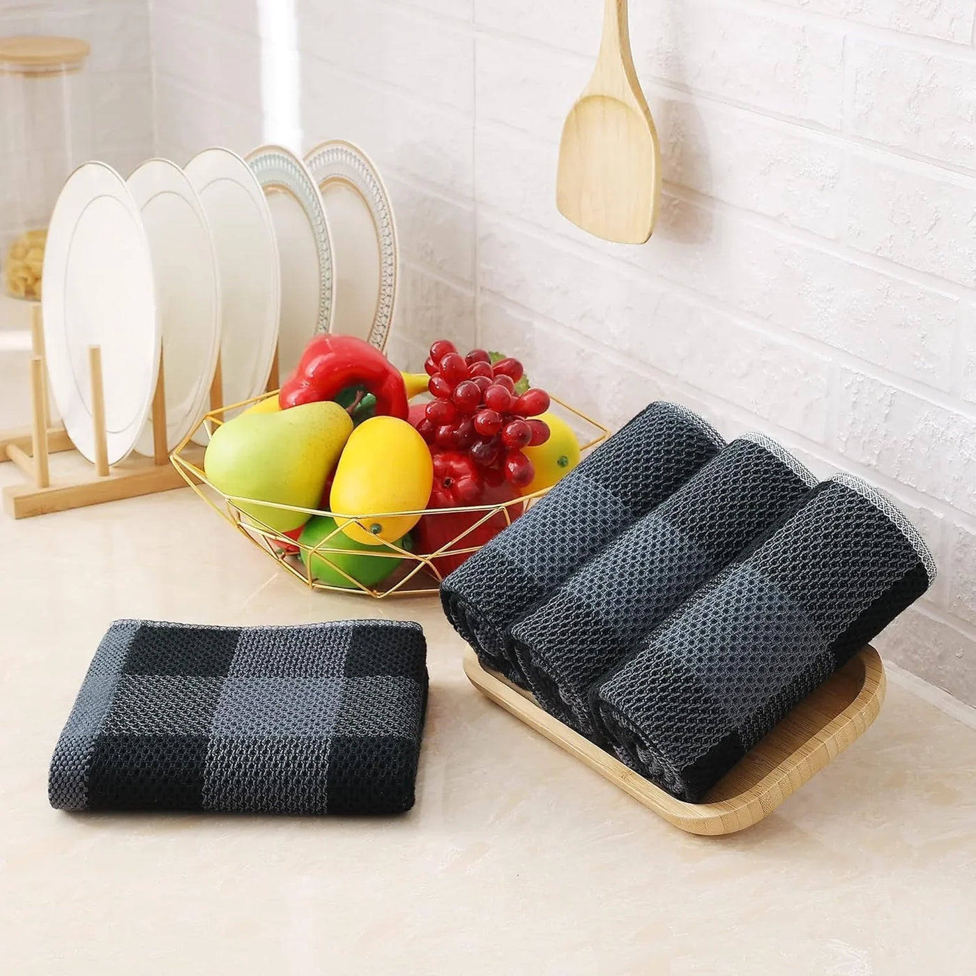 Kitchen Towels and Dishcloths Set, 12 X 12 and 13 X 28 Inches, Set of 12 100% Cotton Waffle Weave Check Plaid Kitchen Dish Towels, Super Soft and Absorbent Dish Cloths, Black & Grey