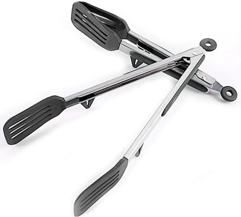 Kitchen Tongs 9 Inches and 12 Inches Fish Spatula Stainless Steel Locking with Silicone Tips Cooking Salad Buffet BBQ Serving Tongs Heat Resistant Meat Turner Spatula Tongs, Black